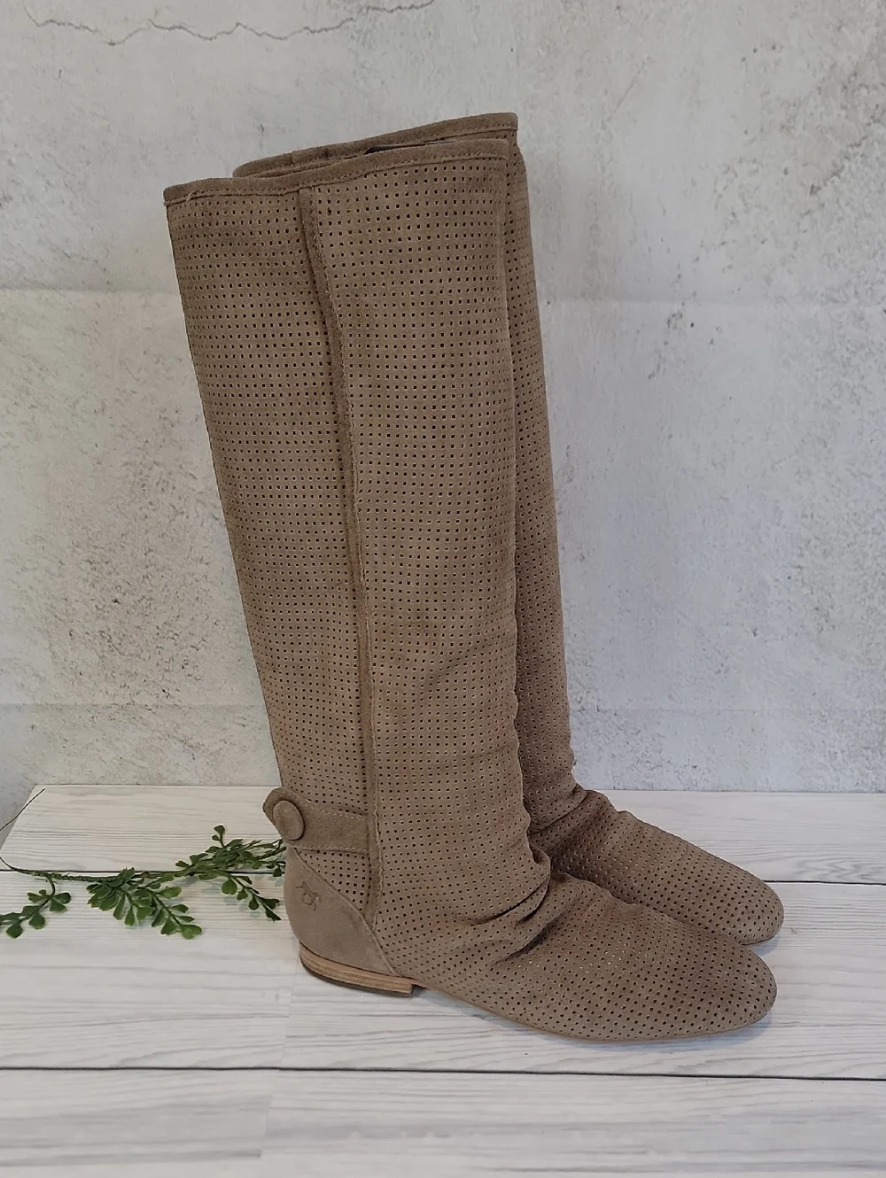 Sam Edelman Suede Taupe Perforated Knee-High Boots Womens Size 7.5